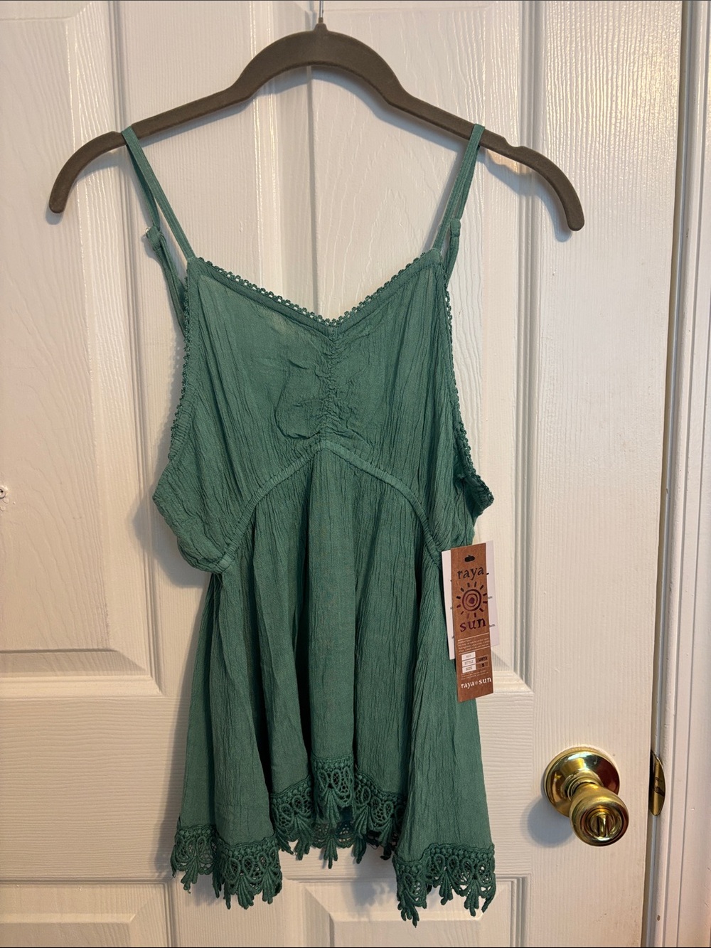 raya sun Teal Green Crochet-Hem Spaghetti Strap Top